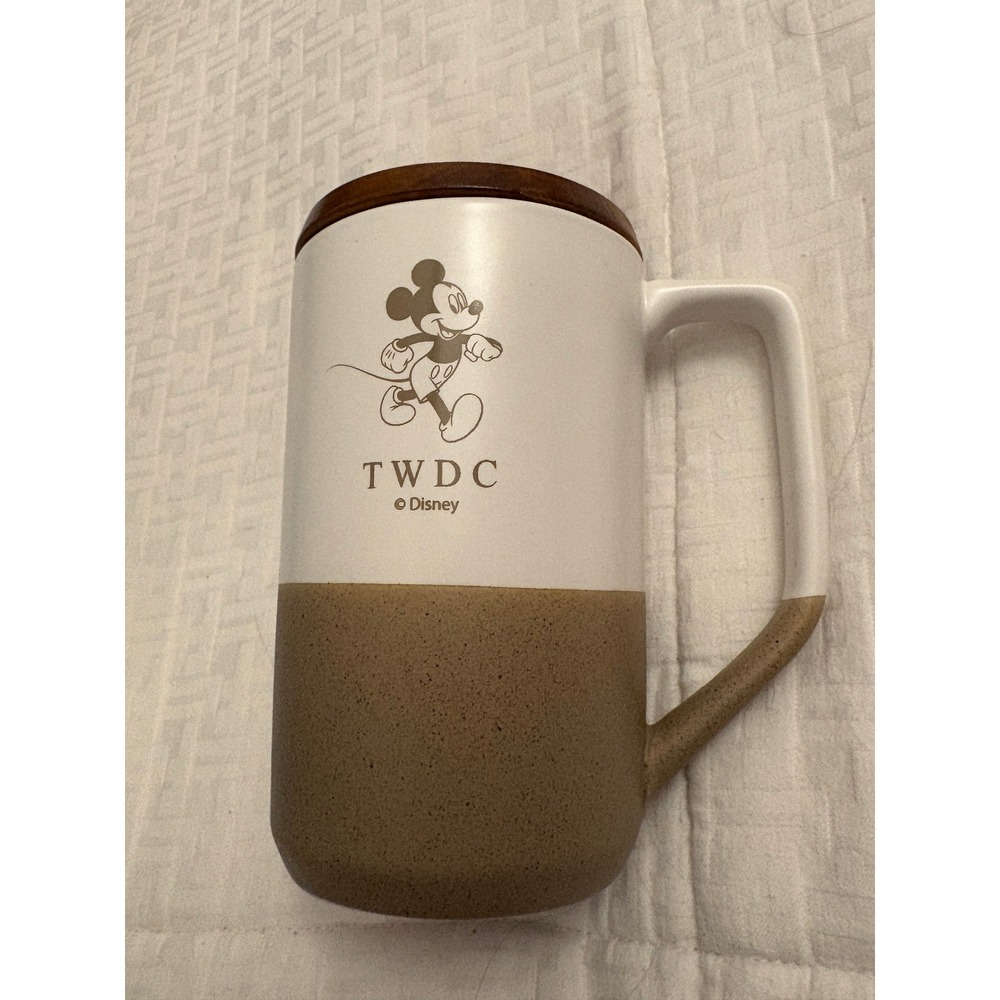 Disney TWDC Mickey Mouse‎ Two Tone Ceramic Mug with Wood Lid White Tan Speckled
